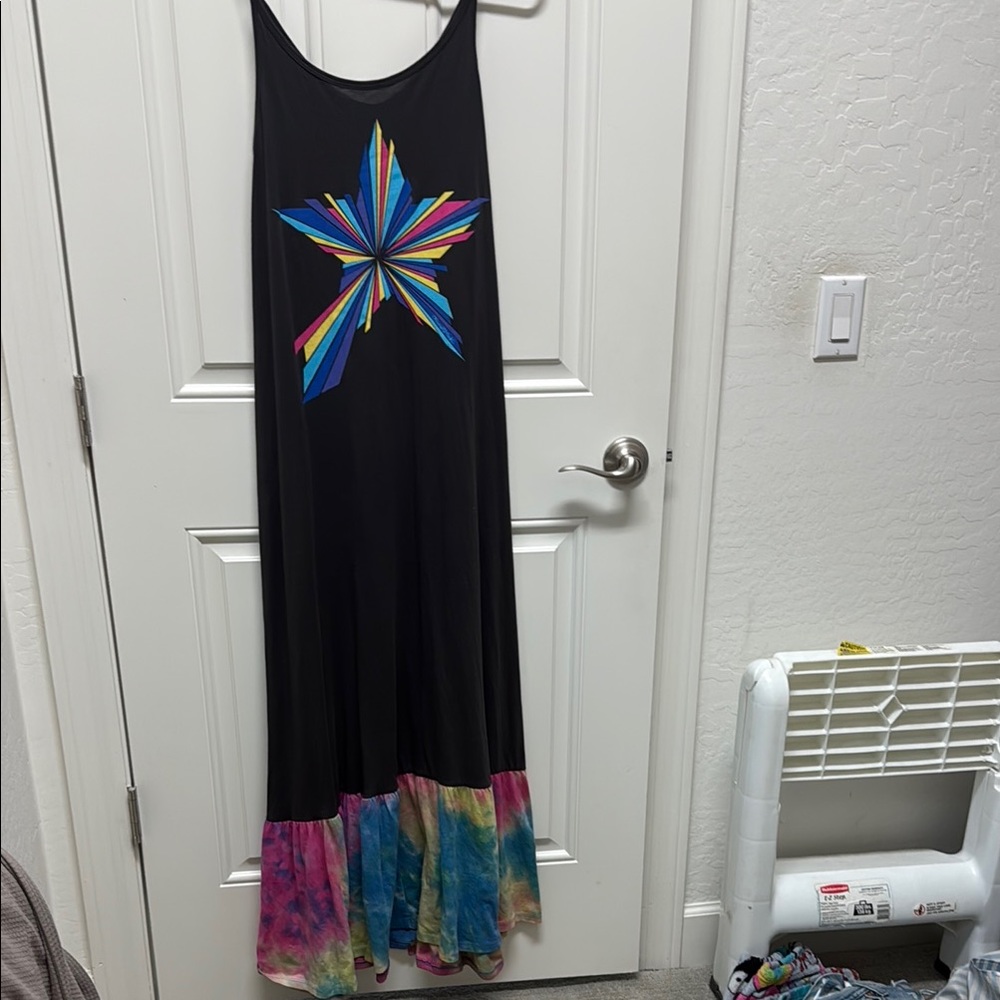 Lauren Moshi Black Maxi Dress with Vibrant Star and Tie-Dye Hem